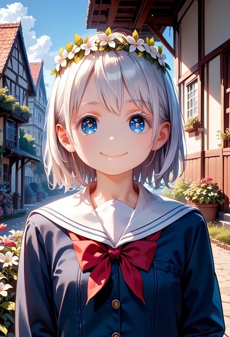score_9, score_8_up, score_7_up, 1girl, okada style, masterpiece, best quality, ultra high res, smiling, happy, (detailed eyes:1.2), 8K, Best Quality, Masterpiece, Ultra High Resolution, (Realism: 1.4), Original Photo, (Realistic Skin Texture: 1.3), (Film Grain: 1.3), Sapphire Color Eyes and Beautiful Face Details, Highest Quality Picture Quality, white hair, blue eyes, (white eyeshadow), (white eyelashes) ,set in a fantasy world with sparkling stars, fantasy flower crown on her head, school uniform,messy, indoors, clutter, very aesthetic, scenery, outside, house, garden
