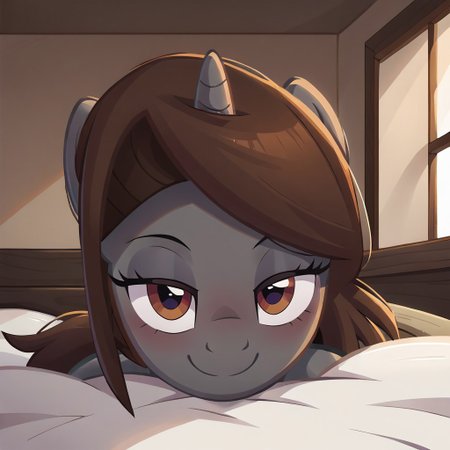 masterpiece, best quality, perfect detail, score_9, score_8_up, score_7_up, rating_suggestive, 1girl, source_cartoon, oc:sonata, pony, G4, female, show accurate, (inside bedroom), bed, on bed, solo, sexy, tail, lying on bed, butt, butt sticking out, exposed butt, ass up face down, pov, in heat, looking at you, smiling, closed mouth, lidded eyes, head facing you, head on