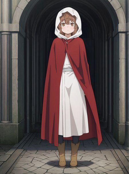 masterpiece,best quality,amazing quality,very aesthetic,absurdres,newest, huge filesize, <lora:spo_sdxl_10ep_4k-data_lora_webui:0.5>, <lora:add-detail-xl:1> 
fullmetal alchemist, official art, 
BREAK
<lora:DANMACHI_V3:1>
DANMACHI_V3,  brown hair, white hood, long white robe, 1girl, 
boots,  standing, hood up, full body, brown eyes, D_Liliruca ,red cape,