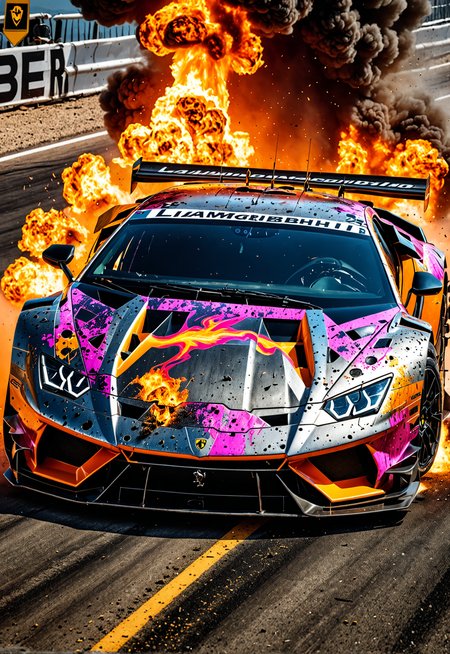 dynamic angle, masterpiece, award winning picture, Lamborghini DTM race car, Explosion, Car flipping, Crashing, accident, fire, futuristic background, hyper detailed, intricate,  neon poster, epic, ultra detail, intricate details, UHD