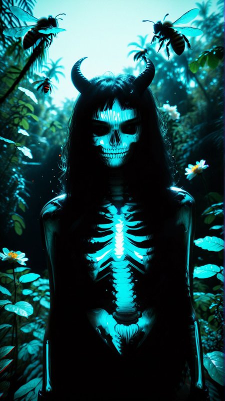 A colony of bees discovers a hidden honey paradise deep in the Amazon rainforest, guarded by ancient guardians and mythical creatures. 
(dark shot:1.2)
(optical effect, glitch art, glowing, layered effects:1.2)
 <lora:xray:2>