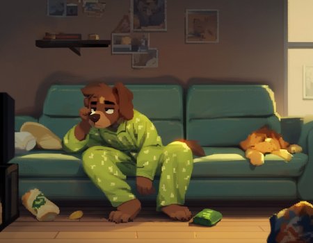 source_furry, 
furry dog,  brown fur, sitting on a green sofa, sitting, green sofa,  watching TV, night time, tv light, wearing pajamas, pajamas, tired, bored, remote in hand, slouching,  potato chips crumbs on floor,  adult, floppy ears, dark room,  gloomy, male
 <lora:Tails Noir - Urban Pixels:1> t4ils_n0ir, pixel_art, score_9, score_8_up, score_7_up, score_6_up, score_5_up,