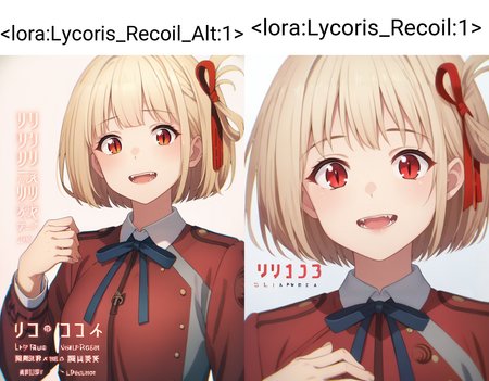 score_9, score_8_up, score_7_up, score_6_up, score_5_up,
1girl, ribbon, solo, blonde_hair, red_eyes, hair_ribbon, red_ribbon, short_hair, upper_body, bangs, smile, blue_ribbon, open_mouth, red_dress, looking_at_viewer, two-tone_dress, neck_ribbon, hand_on_own_chest, teeth, white_background, upper_teeth, :d, dress, school_uniform, bob_cut, shirt, collared_shirt, copyright_name, long_sleeves, white_shirt, simple_background, one_side_up, character_name, grey_dress
 <lora:Lycoris_Recoil_Alt:1>,