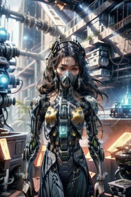 (masterpiece:1.4), (intricate:1.2), (detailed:1.2), (vibrant colors:1.2),  BREAK,
(epic:1.2), (science fiction:1.2), (futuristic:1.2), (hip level shot:1.2), BREAK,
(solo:1.2),(techpriest:1.1), (robe:1.2), (hood:1.1), <lora:techpriest:1.0>,  <lora:techpunkmask_v0.5-000002:0.3>, (techpunkmask:1.2), (mechanical neck:1.2), BREAK,
(tech:1.2), (DonMM4ch1n3W0rld:1.0), <lora:Machine_World_SD15_version-000009:0.55>