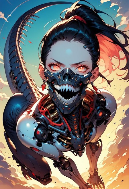 (score_9, score_8_up, score_7_up), zPDXL, 1girl, solo, battlefield, sunset, long hair, bangs, black hair, blunt bangs, slit pupils, jewelry, ponytail, earrings, sharp teeth, long teeth, hair bun, eyelashes, looking at viewer, mask, 
science fiction, dinosaur cyborg body, android, cable, mechanical arms, long mechanical dinosaur legs, mechanical dinosaur tail, robot joints, mechanical parts, tube, spine, mouth mask, cyborg, cyberpunk, agile,  dynamic pose, high angle view,
<lora:BioPunky:0.8>