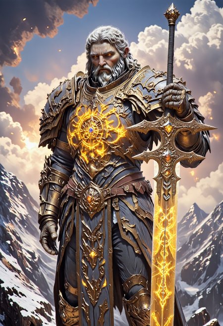 photoréalistic highly detailed  high-resolution  body-Shot photography featuring Tirion Fordring Old Noble Paladin, blue eyes, a wears a grey beard, grey mustache and grey long hair,he have large shoulders  .he wears an armor made of 24 carat gold, he wears pauldrons made of yellow crystal glass that glows with bright holy light,bordered with gold and gauntelts too. (he brandishes by its pommel a legendary longsword)  named ashbringer that have a large blade engraved xith magic runes with a big magic golden coin that glows embedded in the blade. he stands on a mountain .clear with some cloud and the sun is setting casting a warm atmosphere