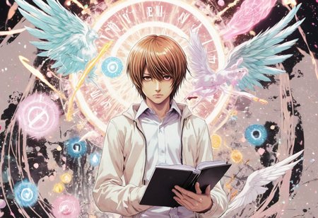Light Yagami (Death Note), magical girl outfit, long flowing hair, determined expression, sparkly magical notebook, summoning circle, cute but mischievous creatures, flying, chaos, pastel color palette, shoujo manga style, high school setting, detailed foreground, blurred background