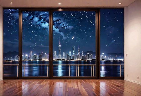 ((((front view)))), Shallow scene, ((animation style)), (((City high-rise building scenery))), ((((City scenery outside the window)))), ((sense of mystery)), (night), starry sky, moonlight, (weak light), (Facing the window), (open window), modern-style interior, Wooden floor, with white walls, (large windows), a living room, ((sofa and coffee table by the window sill)), (((Sofa placed horizontally))), (Behind the sofa is the window sill),