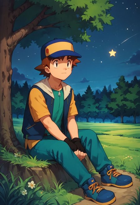 score_9, score_8_up, score_7_up, source_anime, highly detailed, 1boy, solo, male_focus, anime style,
richie_poke, pants, shirt, brown hair, hat, 
outdoors, fingerless gloves, tree, night, dark, stars, looking-up, sit, grass,