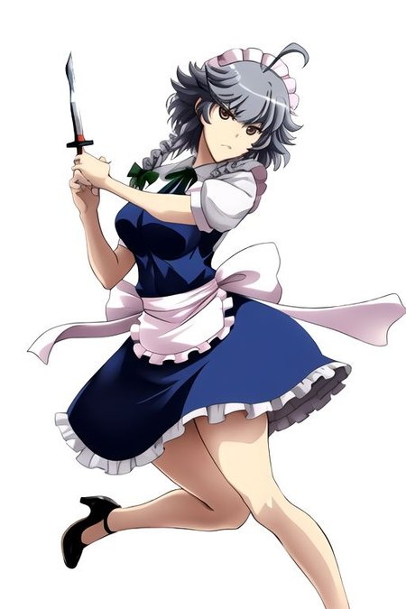 izayoi sakuya, 
1girl, ahoge, apron, between fingers, blue dress, bow, braid, brown eyes, dress, frilled dress, frills, green bow, grey hair, hair ribbon, high heels, holding, holding knife, holster, knife, knife sheath, knives between fingers, legs, maid, maid apron, maid headdress, puffy short sleeves, puffy sleeves, ribbon, sheath, short hair with long locks, short sleeves, signature, simple background, solo, thigh holster, thighs, tress ribbon, twin braids, v-shaped eyebrows, white apron, white background, 
masterpiece, best quality, very aesthetic, absurdres, pixiv, anime coloring