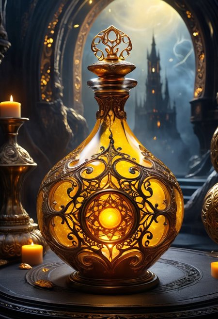 Score_9, Score_8, high_def, highest quality, 8k, best quality, masterpiece, focused, defined, Photorealistic magic potion, ornate glass bottle, elixir, neon yellow and deep orange, swirling with ethereal mist and glowing runes, wax seal embossed with ancient symbols, intricate swirling patterns, potion glow, luminous liquid, dynamic reflections, intense magical shimmer, highly detailed, fantasy essence, bubbling liquid, radiant glow, adorned with intricate metallic filigree, floating particles of stardust, arcane energy crackling around the bottle, surrounded by a faint aura of icy light, mystical fog curling at its base, glowing motes of light drifting upward, as if the potion itself is alive with raw, untamed power