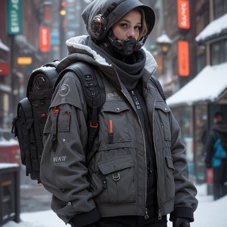 score_9, score_8_up, score_7_up, score_6_up, score_5_up, score_4_up, source_photo, source_real,  snow, techwear, solo, gloves, long_sleeves, standing, jacket, pants, hood, bag, blurry, no_humans, blurry_background, backpack, helmet, robot, mecha, 1other, zipper, science_fiction, realistic, humanoid_robot, Vivid Colors, high Contrast,