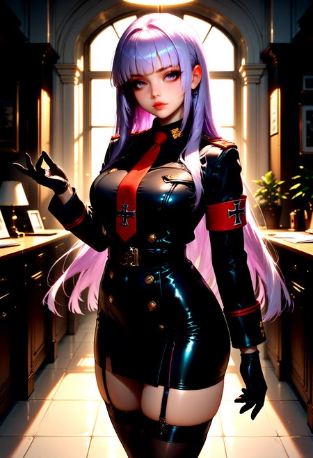 IllusP0s, 1girl, kmsMajor, purple hair, hime cut, upper body, standing, dynamic pose, detailed hands, facing viewer, office background, inside, window light, volumetric lighting  <lora:mmnj:1>