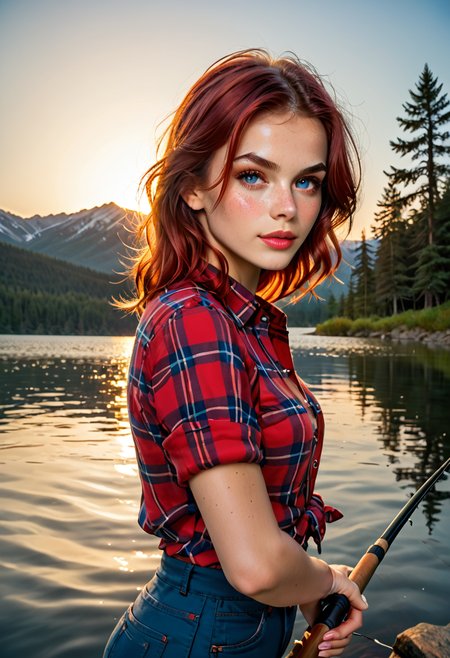score_9, score_8_up, score_8, score_9, pov, 1girl, dynamic angle, dynamic pose, dynamic lighting, beautiful young woman, red hair, freckles, tucked in flannel shirt, blue jeans, medium breasts, (blushing),  perfect anatomy, casting fishing rod, fishing with fishing rod, on idyllic lake shore in the mountains, pine trees, birds, blue sky, sun <lora:RealPrincess_v2_r1:0.8>