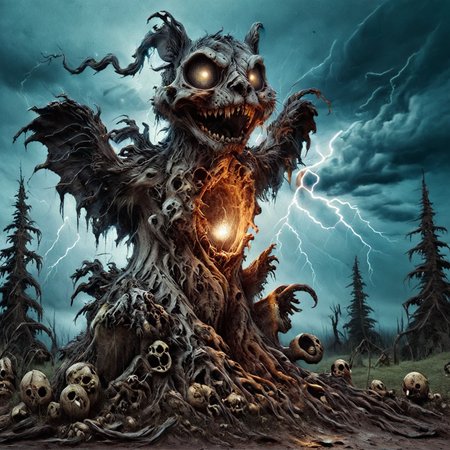 epic   <lora:Bob_Ross_ASMR_Style_XL:1>bob ross style painting  of scary scenery , squirrel demon monster  ZKELETON <lora:monster:1.5> stormy sky  with lightning <lora:zkeleton:1.5>