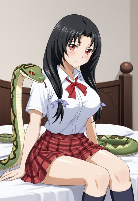 score_9, score_8_up, score_7_up, BREAK source_anime, masterpiece, anime screencap, shiny skin, 
1girl, solo, kaku bunwa, long hair, black hair, twintails, red eyes, large breasts, hair ribbon,  <lora:kaku_pony-000006:1>
school uniform, white shirt, red skirt, plaid skirt, socks, 
sitting, blush, bed, sn4k3, snake, snake on shoulders, upper body