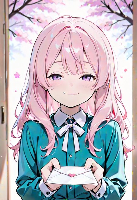 CivChan, purple eyes, pink hair, 1girl, holding letter, blush, slight smile, looking at viewer, [romantic atmosphere], school uniform, white ribbon, long hair, windy hair, cherry blossoms, soft lighting, pastel colors, detailed eyes, warm glow, [love confession|hidden message], paper crane, ink splatter, faint heart sparkles, [highres], [depth of field]