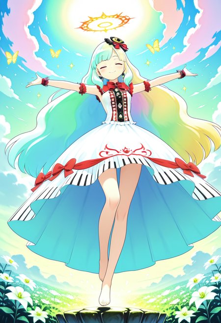masterpiece, best quality, 1girl, solo,   zzMayu, pastel rainbow hair, soft curls, translucent dress, petal sleeves, bare feet, flower vines, floating islands, fluffy clouds, white lilies, butterflies around, floating pose, arms extended, eyes closed, dreamy smile, teal sky, sparkles, glowing runes, enchanted mood, fantasy illustration, soft gradients       narrow waist,  , <lora:MAYULoveLogic_IXL:1.0>,