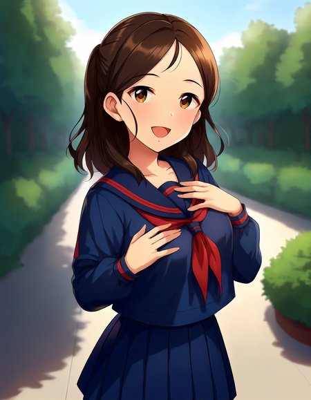 score_9,score_8_up,score_7_up,1girl,solo,cowboy shot,looking at viewer,smile,open mouth,hand on own chest,outdoors,
<lora:ayasehonoka_ponyXLV6:0.8>,cgayh,
brown hair,medium hair,half updo,brown eyes,
blue serafuku,long sleeves,red neckerchief,pleated blue skirt