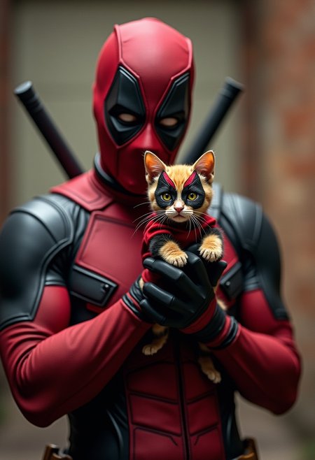 Deadpool holding a tiny cat in a tiny X-Men  costume