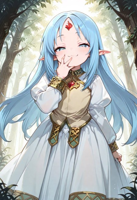 masterpiece, best quality, good quality, very awa, very aesthetic, absurdres, newest, high resolution,high quality,detailed,cute details, gr4ph1t3, beautiful eyes, perfect eyes, detailed eyes, 1girl, solo, reset_kalar_il ,pointy ears,blue hair,long hair,red gem forehead, cute dress, cute, looking at viewer, half closed eyes, very smug expression, :3, very cute, hand in front of mouth, closeup, from below, fantasy, forest
