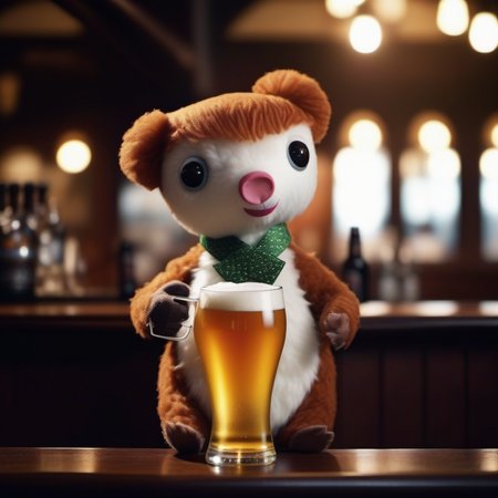 cinematic photo a stuffed animal having a beer in a pub <lora:Colargol1024:0.9> . 35mm photograph, film, bokeh, professional, 4k, highly detailed