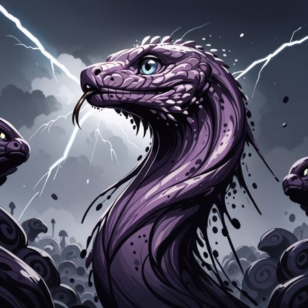 score_9, score_8_up, score_7_up, score_6_up, score_5_up, score_4_up, ink splats, gleaming metal snake made of silvery metal, in the workshop of a wizard, lightning shooting from its mouth, feral, armless, forked tongue