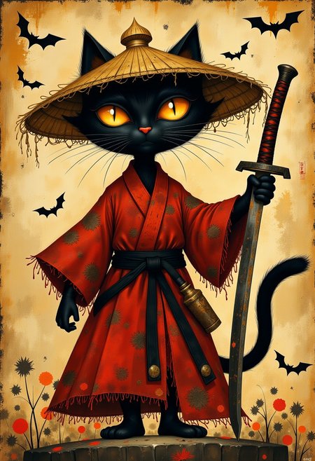 vantablack, unfazed_ins_by_R.Wachtmeister,, Unfazedfantasii
photorealistic masterwork digital painting, hyper-realistic, Flat art. Oil drawing,
 BREAK,
A mystical black cat warrior with large, glowing orange eyes, standing in a dramatic pose. The cat has sleek, dark fur and wears a tattered red samurai robe, tied with a black belt. It holds a worn-out katana, slightly tilted, with a dark, weathered handle. The cat wears a traditional straw hat (kasa) that appears aged and frayed, with strands of straw hanging down. The background features an ancient parchment-like texture with ink splatters, faint Japanese calligraphy, and small bats flying around, adding to the dark fantasy atmosphere. The cat's tail is curved and slightly raised, enhancing its fierce, yet elegant stance. The setting is mysterious and somewhat gothic, evoking elements of dark fantasy, anthropomorphic art, and samurai aesthetics.
 The art style is highly detailed, cinematic, and fantasy-inspired, with a focus on dramatic lighting, soft glows, and a slightly dark, mystical mood.