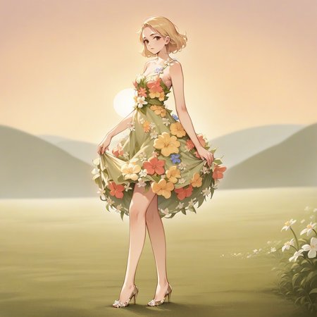 score_9. score_8_up, score_7_up, score_6_up, score_5_up, score_4_up, source_anime, woman, fl0r4l_1, flower dress, stiletto high heels, blonde hair, <lora:Floral_dress_pony_9:0.65>, open field, sunset, anime, chiffon