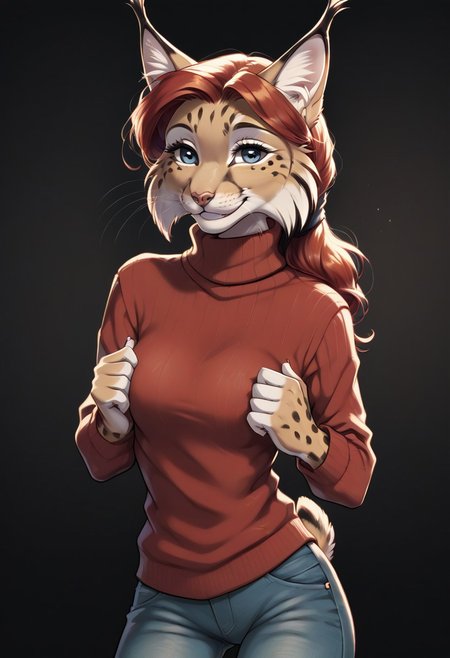 digital_media_(artwork) hi_res, score_9, score_7_up, score_6_up, source_furry, rating_safe, anthro, furry, female, furry female, detailed textured fur, fur tufts, lynx, red hair, blonde brown fur, spots, beautiful blue eyes, medium breasts, covered breasts, slim, slender, turtleneck sweater, denim jeans, smile, SFW,