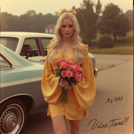 best, masterpiece, highly detailed, photo realistic, vintage style 1970's photograph of PeytonSL with blonde hair. she's wearing a 1970's fashion mini dress with oversized dagged sleeves and a waist belt, standing next to a vintage car, she has a bow in her hair and is holding a bouquet of roses. Light vingette effect. Write in cursive text "My 1973 Valentine" across the bottom of the photo.