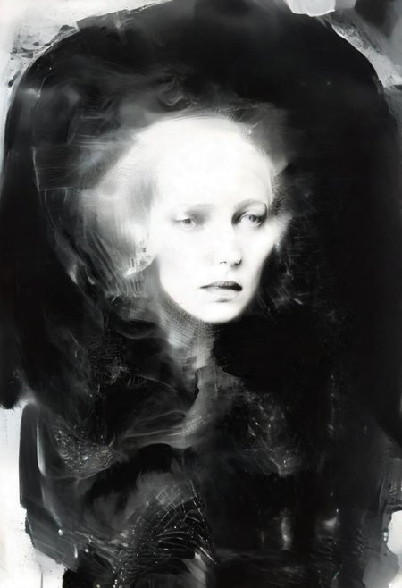 Monochrome black and white, Dali, Magritte, Delvaux, Bellmer, Malevitch, Rodchenko, Mondrian, Kandinsky, Popovna, psychedelic hallucination, pop surrealism, rough crosshatch drawing pop art Lunatic_Portrait of a young woman in latex Avant-garde Fashion page, slick back, low bun, black makeup, sinister expression, intense glare, avant-garde, abstract, weird, geometric, constructivism, suprematism, rayonism, verticism, lineism, tj