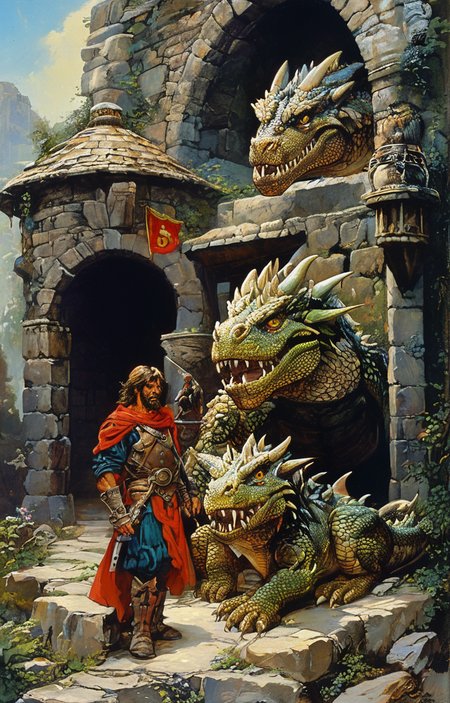 masterpiece,best quality,<lora:tbh182-sdxl:0.9>,style of Clyde Caldwell,Dungeon and Dragon,Brave,Sword,Shield,Dragon,adnd,