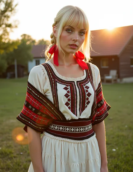 analog photography, shot by Kodak Duaflex II, ultra detailed, ultra quality, cinematic,  dynamic posing, sensual pose, bangs, a mesmerizing woman with platinum blond hair woven into an elegant braid, adorned with bright red ribbons, standing in a lush meadow. She wears a traditional Romanian blouse (ie) with intricate black and red embroidery, symbolizing fertility and protection. Her flowing white skirt features delicate floral lace along the hem, and a wide, beaded belt accentuates her waist. Over her shoulders, she drapes a vibrantly woven wool shawl with geometric patterns. Her gaze is soft and mysterious, her Slavic cheekbones illuminated by the golden sunset as she stands near a quaint wooden village.  <lora:Janacovaxhres-grm80vx:1> jancov