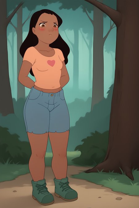 score_9, score_8_up, score_7_up, score_6_up, source_cartoon, BREAK, NaniPelekaiLSXL, mature female, dark skin, brown eyes, black hair, long hair, bangs, small breasts, collarbone, orange midriff, short slevees, single heart print, denim shorts, green shoes, solo, standing, forest, blush, pout, closed mouth  <lora:MamakoPoutPXL:1>  <lora:NaniPelekaiLSXL:1>