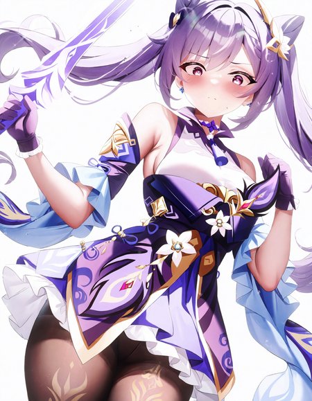 1girl, keqing \(genshin impact\), 
tongjun, solo, looking at viewer, simple background, holding sword, cone hair bun, sword, frills, breasts, bare shoulders, standing, dress, brown pantyhose, closed mouth, holding weapon, blush, weapon, pantyhose, medium breasts, holding, gloves, wide-eyed, long hair, white background, cowboy shot, detached sleeves, purple hair, frilled sleeves, short dress, purple gloves, hair bun, double bun, twintails, dutch angle, black pantyhose, purple eyes,
masterpiece, best quality, very aesthetic, newest, absurdres, incredibly absurdres
 <lora:tongjun:1>