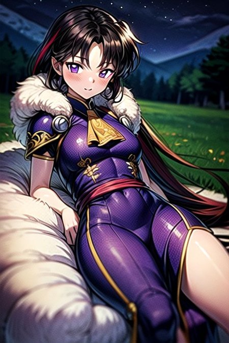best quality 1girl Setsun4 solo long hair,  (night time) forest background black hair very long hair purple eyes multicolored hair armor, small, (fur trim) (medium body),<lora:EMS-179-EMS:0.800000>,<lora:EMS-293862-EMS:0.800000> bow, hair_bow, hair_tubes, red_bow, brown_hair, long_hair, bangs, ascot, frilled_bow, yellow_ascot, blush, smile, hair_between_eyes, athletic, armor, miko, ,(((intricate outfit,intricate clothes,embroidered outfit,ornate outfit,embroidered clothes,ornate clothes))), laying down, lying down