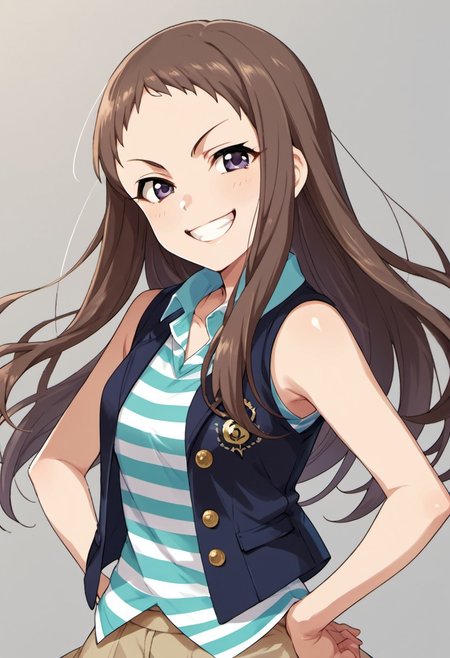 score_9, score_8_up, score_7_up, source_anime, koseki reina, brown hair, long hair, purple eyes, 1girl, solo, smile, hands on hips, grin, vest, striped, shirt, striped shirt, sleeveless