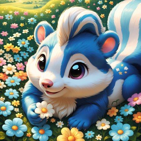 score_9, score_8_up, score_7_up, score_6_up, score_5_up, score_4_up, animal_focus, whimsical, soft_focus, creamy_white, skunk_like, plush_fur,  peaceful, meadow, wildflowers, dew, sunbeams, dappled_glow, cute, snuggly, adorable, serene