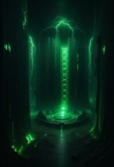 green sun, electricity, green glow, green theme, Necron, server room, chaos,