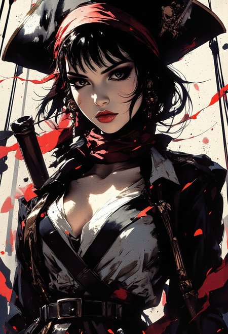 A traditional Japanese ink-on-paper masterpiece blending wabi-sabi aesthetics with a sensual, surreal edge. The artwork features A captivating oriental pirate with shaggy black hair, bangs, bandana, dark eyeshadow, red lips, direct sensual gaze, low cut open blouse with plunging neckline, silhouetted on deck of pirate ship at night, light illuminating one side of her face, chiascuro
