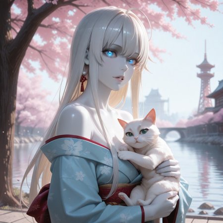 lazypos, perfect anatomy, absolutely eye-catching, ambient occlusion, amazing quality, best quality, very awa,
1girl, Yukinoshita Yukino, //(Orgegairu//) 24yo female, older female, mature female, solo, Blushing, long hair, white hair, colored skin, white skin, pale skin, looking at viewer, parted lips, blonde hair, blue eyes, glowing eyes, cute, kimono, off shoulder's kimono, light blue kimono, fur trimmed kimono, holding cat, white cat, Cherry blossom tree, tower, river,
 <lora:super_secret_lora_not_released:2> <lora:TrendCraft_The_Peoples_Style_Detailer-v2.3I-4_15_2025-Illustrious:0.4>