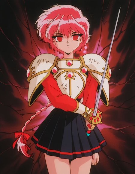 masterpiece, best quality, full body, female focus, solo, empty eyes, mind control, black skirt, holding a rapier, cowboy shot, 
 <lora:Hikaro:1>, hikar0, 1girl, red eyes, black eyes, pink hair, short hair, retro artstyle, single braid, pauldrons,