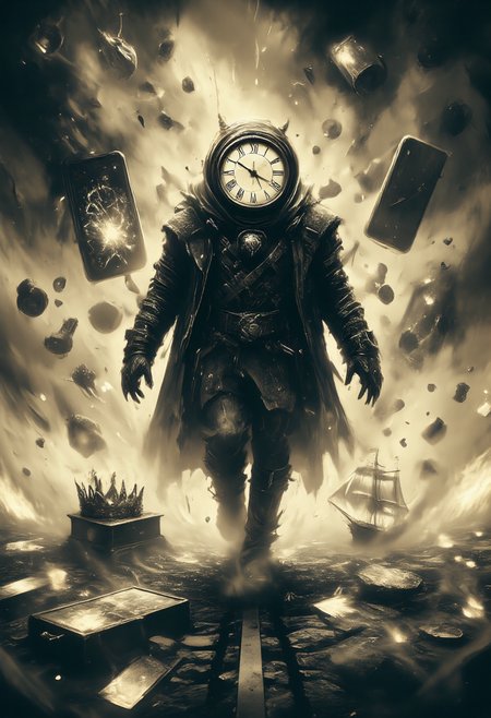 An enigmatic figure with a clock face for a head walks across an endless plain of glowing mist. Floating alongside them are objects from different erasâa modern smartphone displaying static, a glowing gramophone, a medieval crown, and a wooden ship in a bottle that drifts as if on an invisible tide.