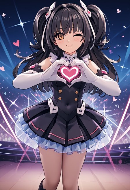 score_4,score_5,score_6,score_7_up,score_8_up,score_9 ((masterpiece,best quality,ultra detailed,highres,HD,4k:1.2)), 
 Azure Striker Gunvolt(Main),shining highlights, 1girl, solo, girl focus,solo focus,face focus, 
fuyuko mayuzumi, black hair,brown eyes,long hair, two side up,
white elbow gloves,covered navel,body suit,black skirt,boot,black knee socks,
 stage,idol stage,((Make a heart symbol with both hands, heart with both hands,heart hands,heart symbol:1.1)), looking at the audience, ((wink,closed one eye)),blush,smile, closed mouth,