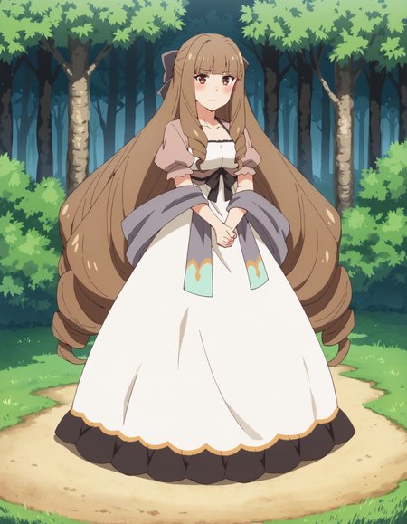 score_9, score_8_up, score_7_up, score_6_up, score_5_up, score_4_up, anime coloring
BREAK
elizabeth_olis, 1girl, solo, brown hair, drill sidelocks, very long hair, brown eyes, sundress, hair bow, short sleeves, shawl, looking at viewer, blush, full body, clenched hands, smile
BREAK
nature, outdoors
<lora:elizabeth_Lv2karaCheat_ponyxl_v01:1>
