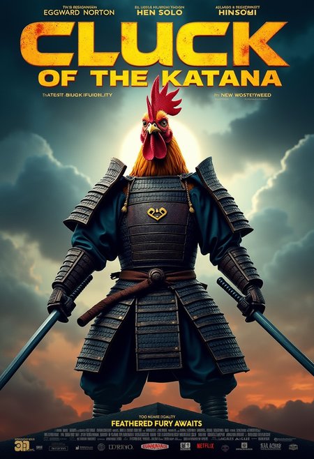 A Hollywood movie poster featuring a photorealistic chicken dressed in full samurai armor, wielding two katanas, with epic volumetric lighting casting dramatic shadows. The chicken stands in a battle-ready pose against a stormy sky, feathers ruffled, looking fierce and determined. The movie title 'Cluck of the Katana' is emblazoned across the top in bold, stylized lettering. Below, actor names like 'Eggward Norton' and 'Hen Solo' appear above the tagline: 'Feathered Fury Awaits.' Movie studio logos and credits are placed at the bottom in typical poster fashion. 4K, masterpiece quality