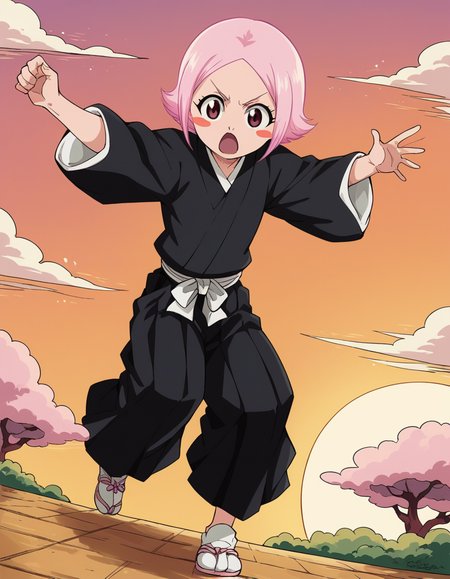 score_9, score_8_up, score_7_up, source_anime, <lora:yachiru-kusajishi-anime-ponyxl-lora-nochekaiser:1>, yachiru kusajishi, short hair, pink hair, pink eyes, blush stickers, forehead,, long sleeves, japanese clothes, hakama, black hakama,, suburban neighborhood, morning jog, earphones, running shoes, fresh air, sunrise, , , hand reaching forward, knee up, arm down, solo,, cowboy shot, dutch angle