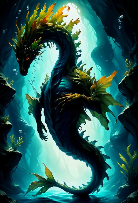 score_9, score_8_up, score_7_up, score_6_up, score_5_up, score_4_up,   <lora:Pony_WaterElements:0.7> waterelements,beautiful expressive face, underwater, extremely detailed, beautiful underwater dragon creature, no humans, extremely detailed scales,  seaweed mane, fishtail, beautiful eyes, moonlight, realistic, high quality, detailed, fantasy dark cave background, sparkling water,  dark shadows, glowing in the dark, bright colors, high contrast, dark background, vivid lighting,