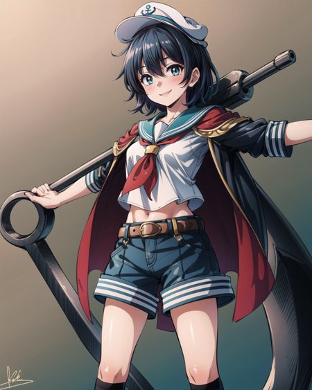 <lora:touhou_murasa-10:1.0>, 1girl, aqua_eyes, (anchor:1.1), belt, blush, brown_footwear, cape, crossed_arms, full_body, gradient_background, blue_hair, hat, jacket_on_shoulders, kneehighs, looking_at_viewer, murasa_minamitsu, sailor_collar, sailor_hat, short_hair, shorts, signature, smile, solo, standing, <lora:add_detail:1>, masterpiece, best quality